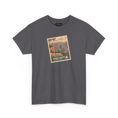 On the front of this custom short sleeve shirt is an image of a postage stamp with the Grand Canyon National Park on it.