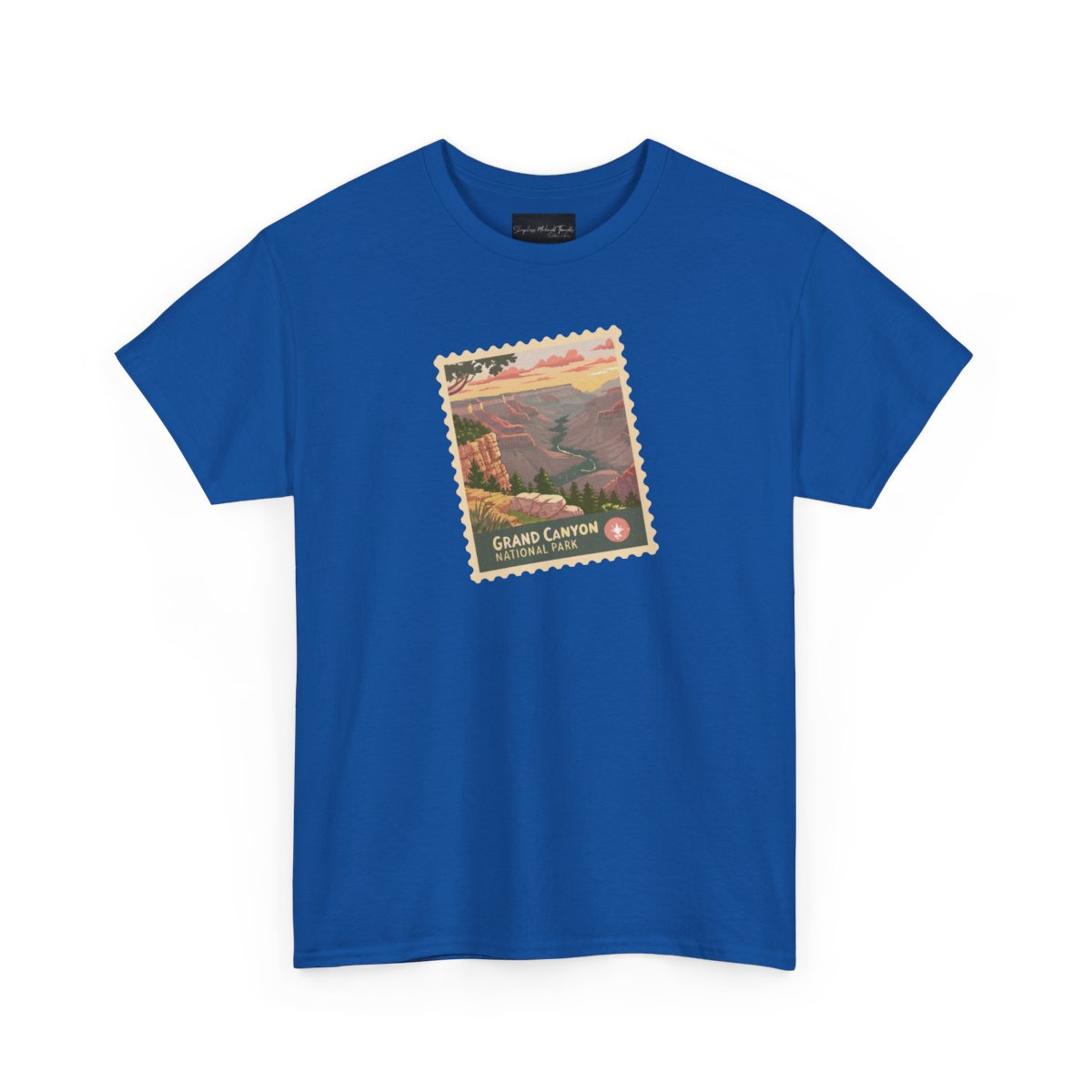On the front of this custom short sleeve shirt is an image of a postage stamp with the Grand Canyon National Park on it.