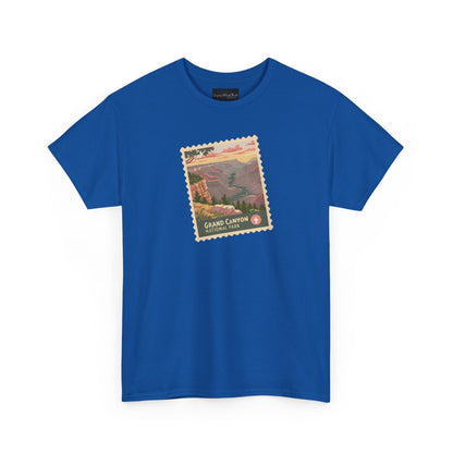 On the front of this custom short sleeve shirt is an image of a postage stamp with the Grand Canyon National Park on it.