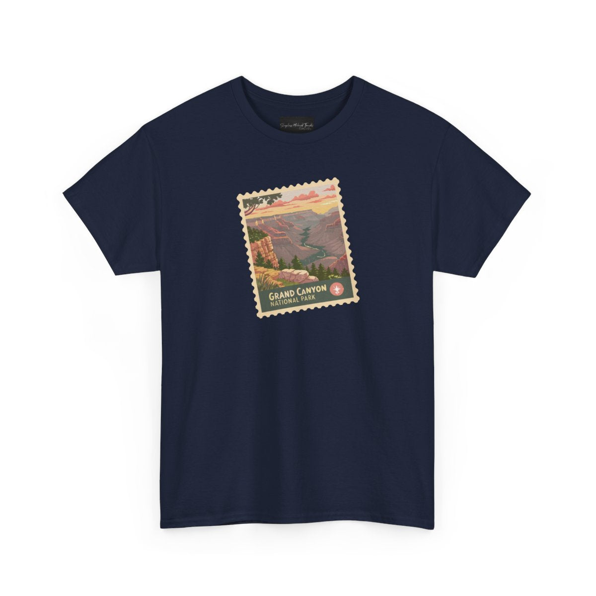 On the front of this custom short sleeve shirt is an image of a postage stamp with the Grand Canyon National Park on it.