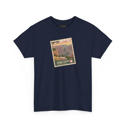On the front of this custom short sleeve shirt is an image of a postage stamp with the Grand Canyon National Park on it.