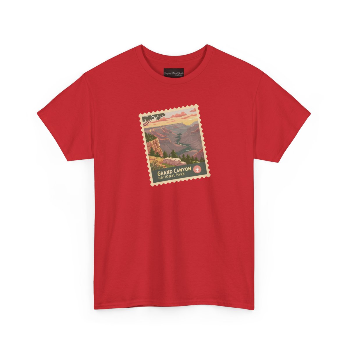 On the front of this custom short sleeve shirt is an image of a postage stamp with the Grand Canyon National Park on it.