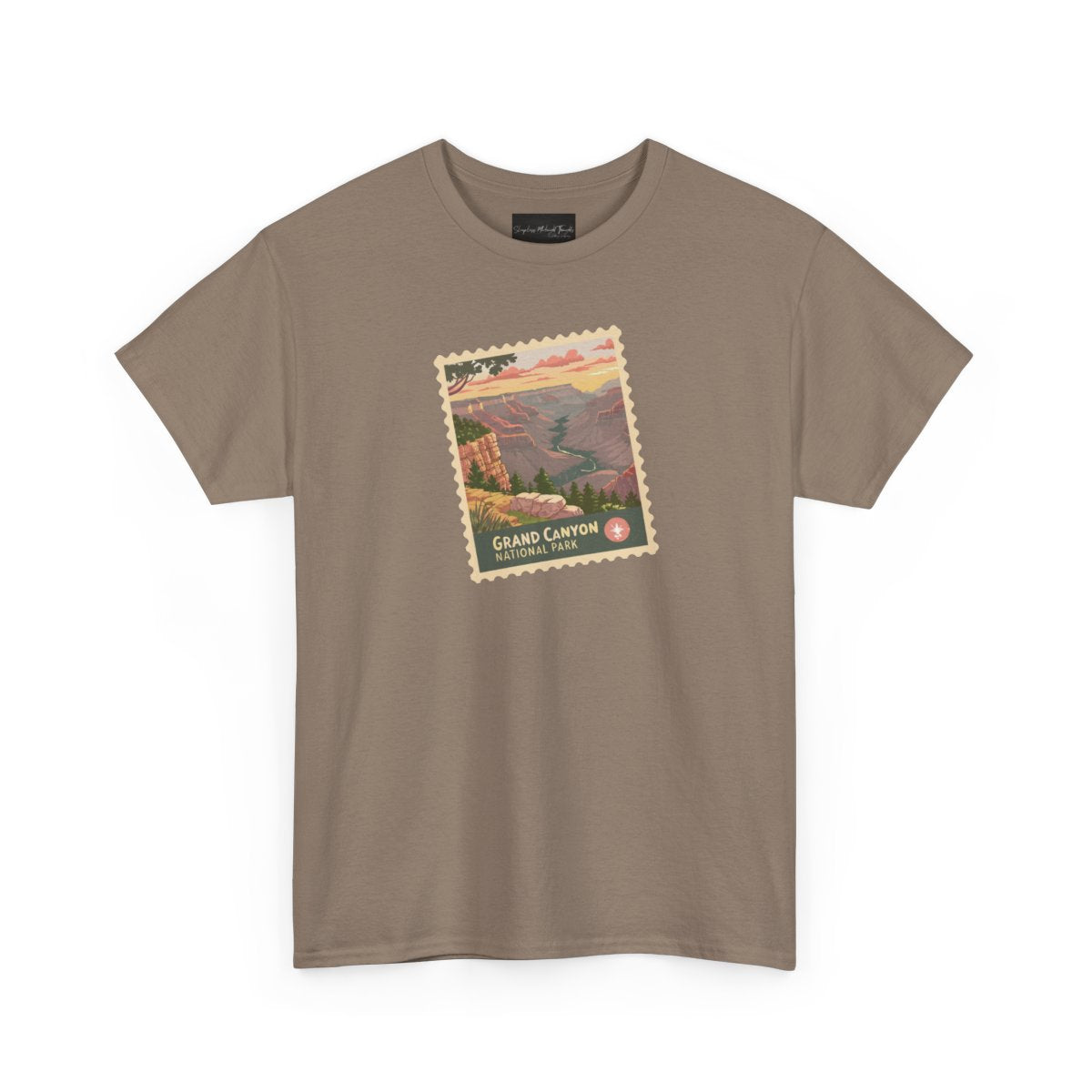 On the front of this custom short sleeve shirt is an image of a postage stamp with the Grand Canyon National Park on it.