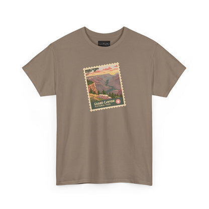 On the front of this custom short sleeve shirt is an image of a postage stamp with the Grand Canyon National Park on it.
