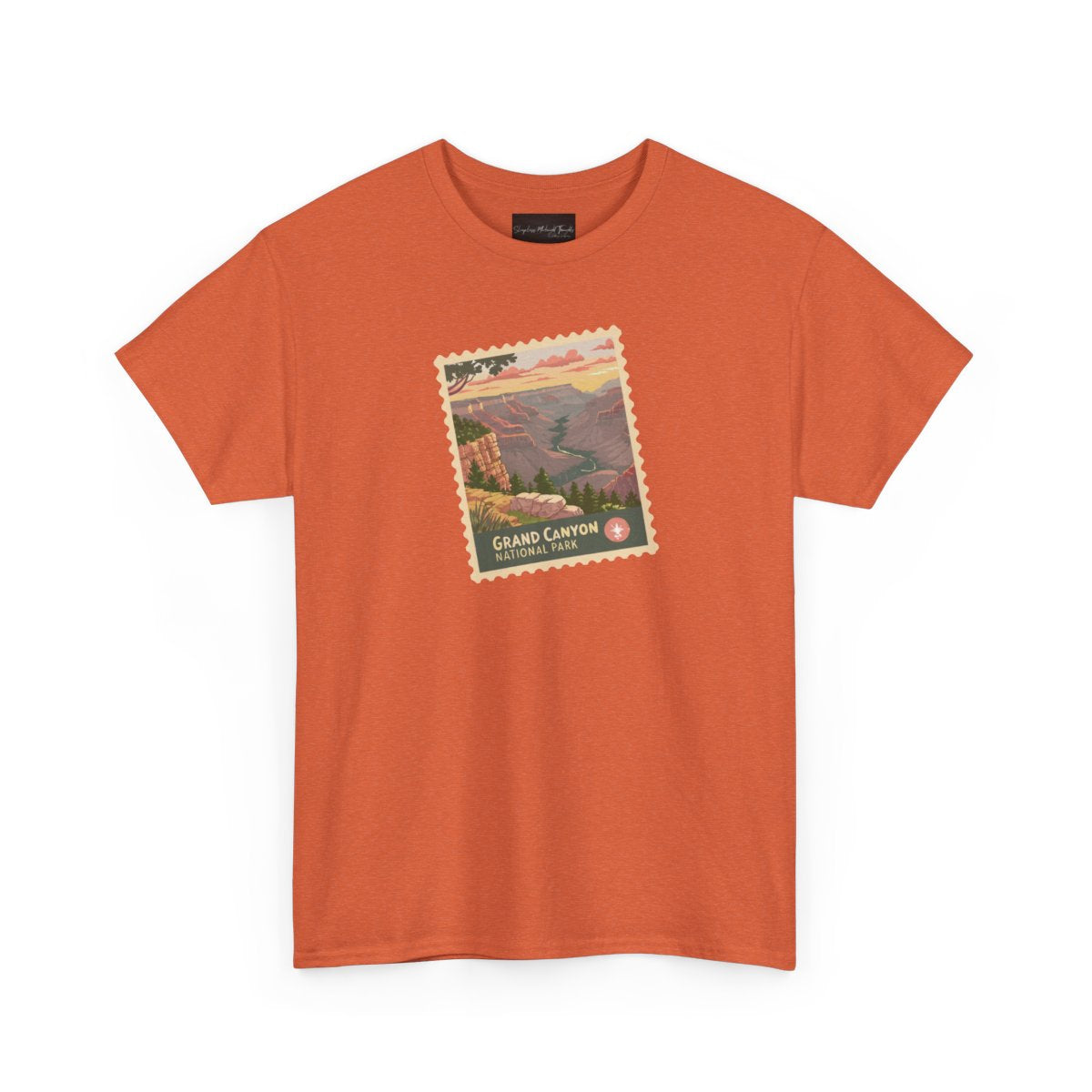 On the front of this custom short sleeve shirt is an image of a postage stamp with the Grand Canyon National Park on it.