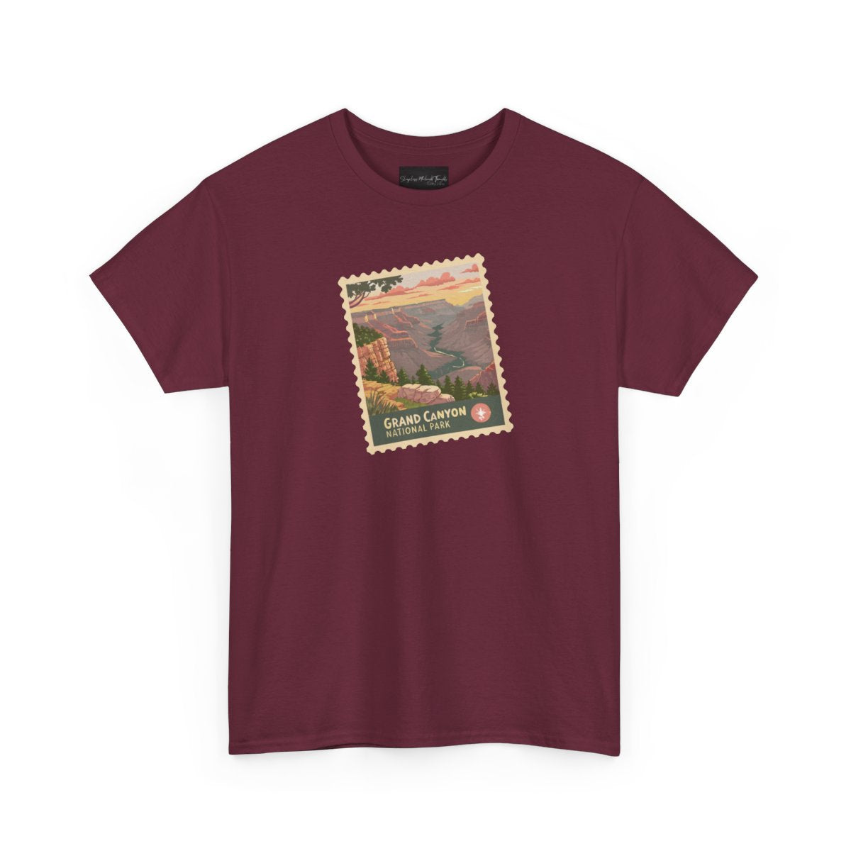 On the front of this custom short sleeve shirt is an image of a postage stamp with the Grand Canyon National Park on it.