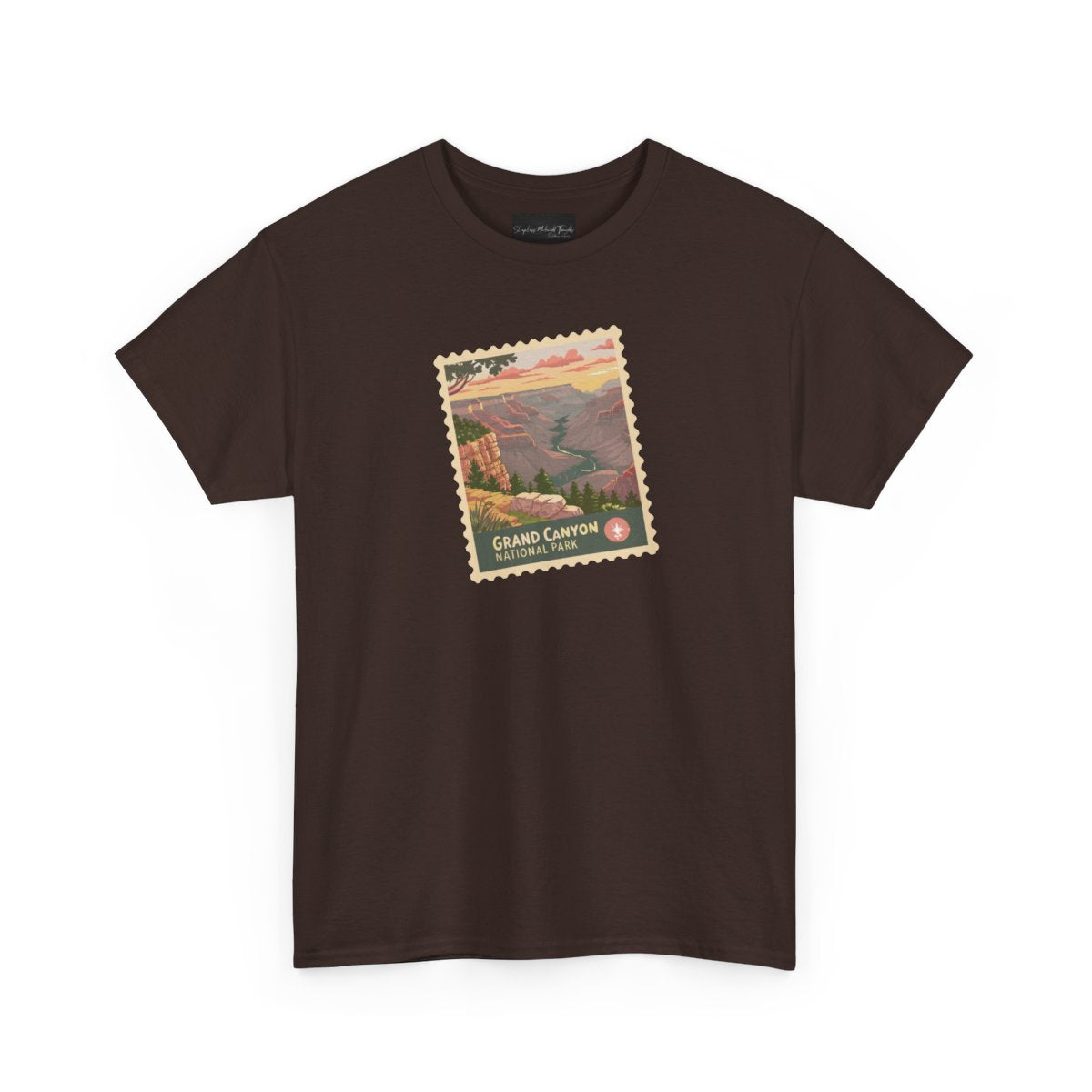 On the front of this custom short sleeve shirt is an image of a postage stamp with the Grand Canyon National Park on it.