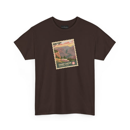 On the front of this custom short sleeve shirt is an image of a postage stamp with the Grand Canyon National Park on it.