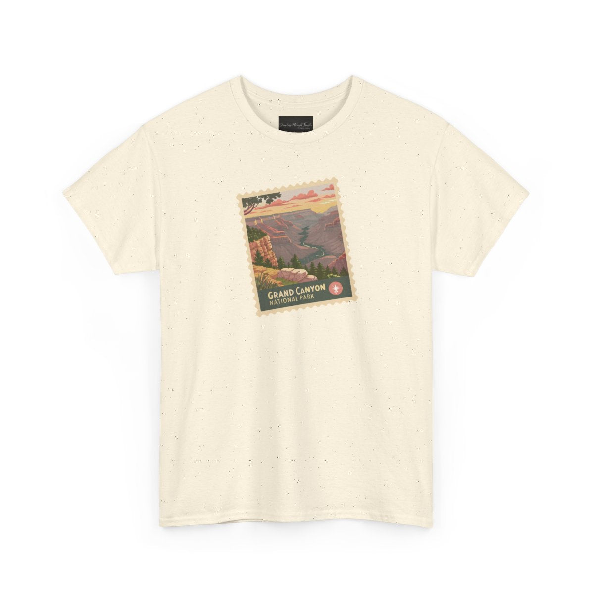 On the front of this custom short sleeve shirt is an image of a postage stamp with the Grand Canyon National Park on it.