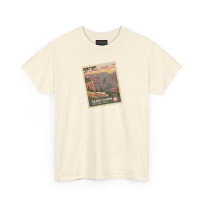 On the front of this custom short sleeve shirt is an image of a postage stamp with the Grand Canyon National Park on it.