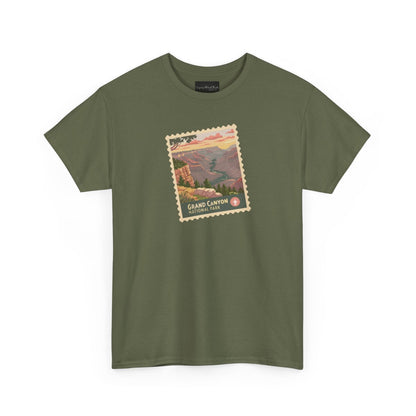 On the front of this custom short sleeve shirt is an image of a postage stamp with the Grand Canyon National Park on it.