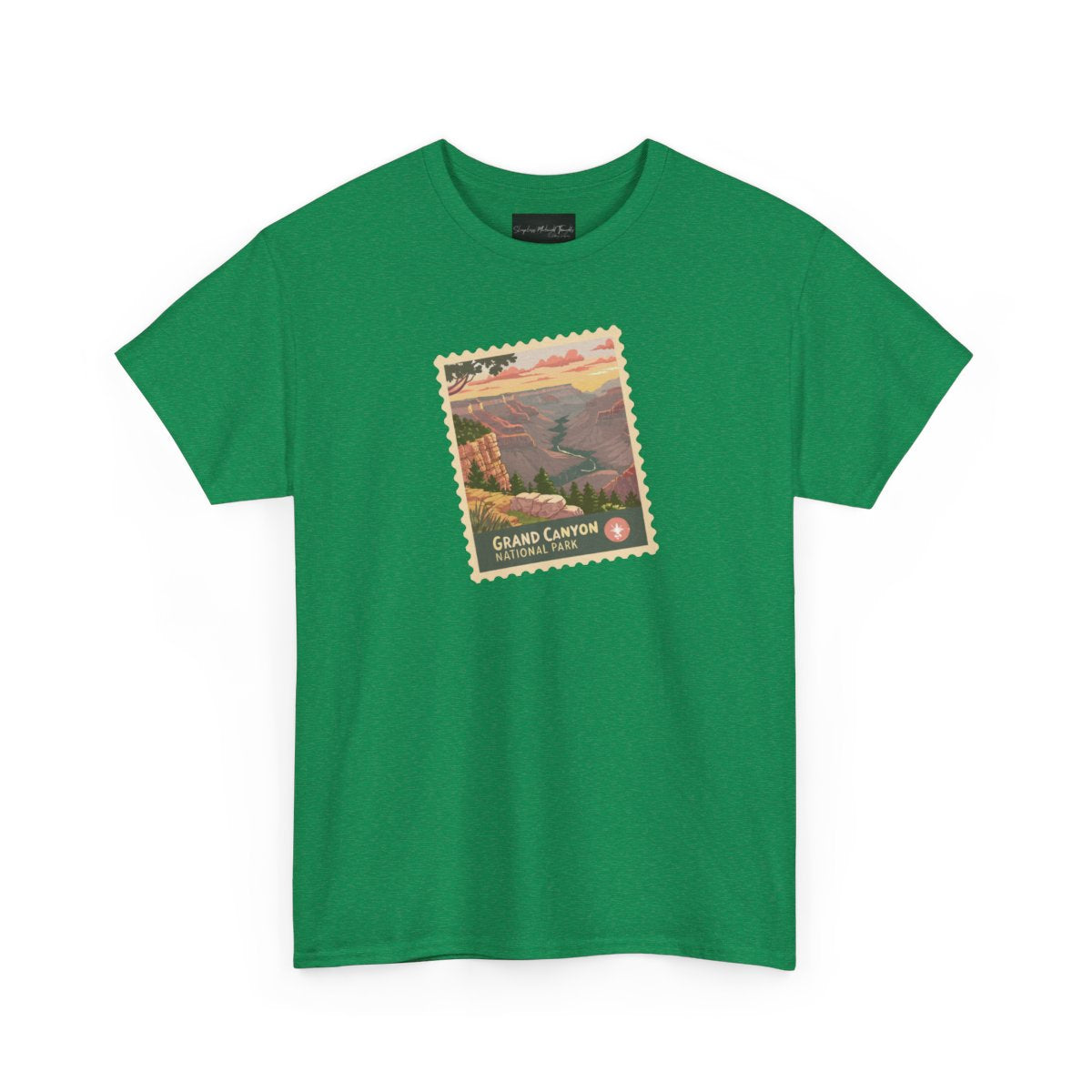 On the front of this custom short sleeve shirt is an image of a postage stamp with the Grand Canyon National Park on it.