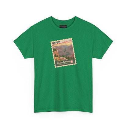 On the front of this custom short sleeve shirt is an image of a postage stamp with the Grand Canyon National Park on it.