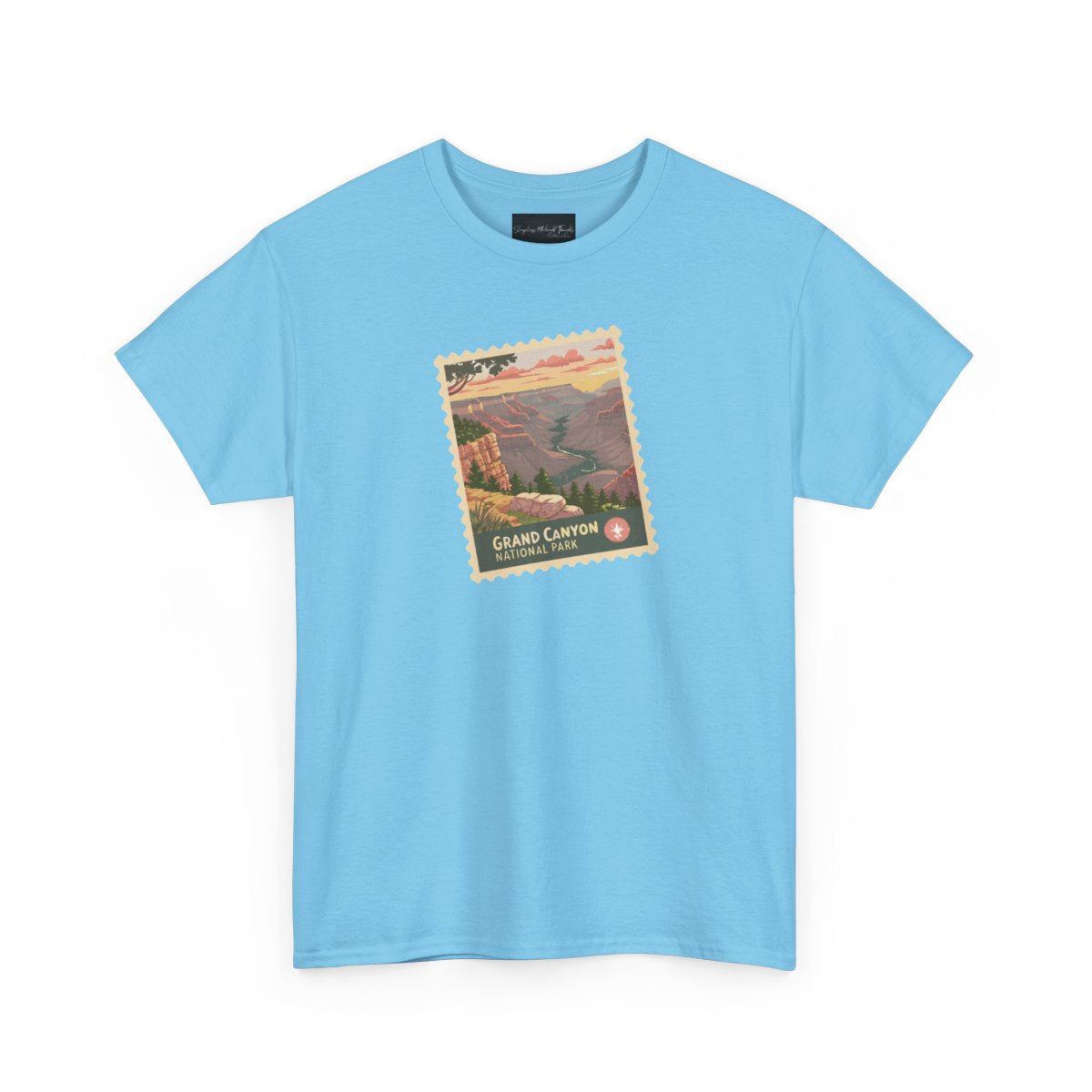 On the front of this custom short sleeve shirt is an image of a postage stamp with the Grand Canyon National Park on it.