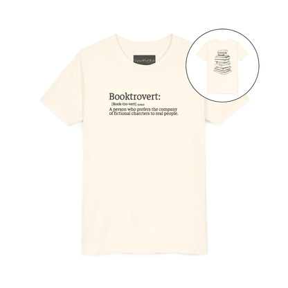 On the front of this custom youth t-shirt it says the word Booktrovert in large letter with the meaning of the words underneath it, on the back of the shirt is an image of a large stack of books.