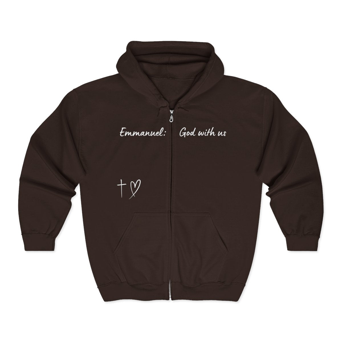 This Unisex Heavy Blend™ Full Zip Hooded Sweatshirt features the words Emmanuel God With Us on the upper chest and an image of a cross with a heart above the pocket.