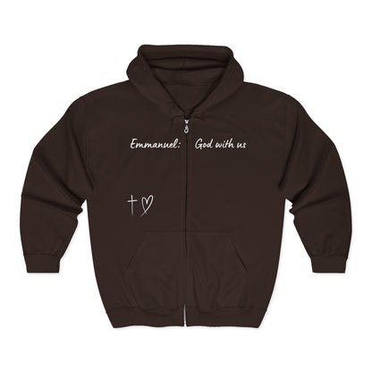 This Unisex Heavy Blend™ Full Zip Hooded Sweatshirt features the words Emmanuel God With Us on the upper chest and an image of a cross with a heart above the pocket.