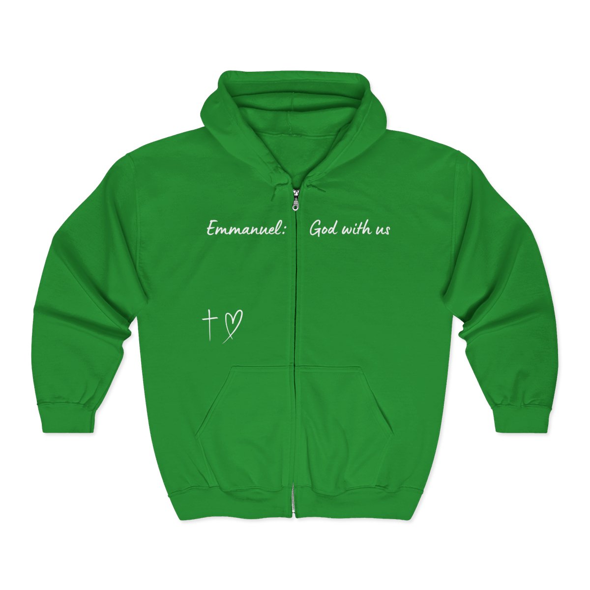 This Unisex Heavy Blend™ Full Zip Hooded Sweatshirt features the words Emmanuel God With Us on the upper chest and an image of a cross with a heart above the pocket.