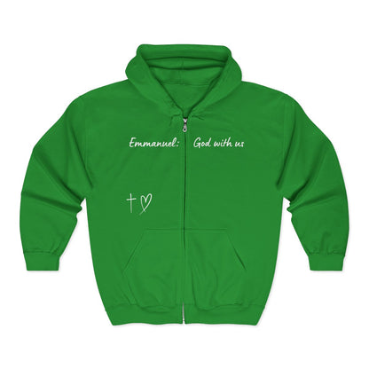 This Unisex Heavy Blend™ Full Zip Hooded Sweatshirt features the words Emmanuel God With Us on the upper chest and an image of a cross with a heart above the pocket.