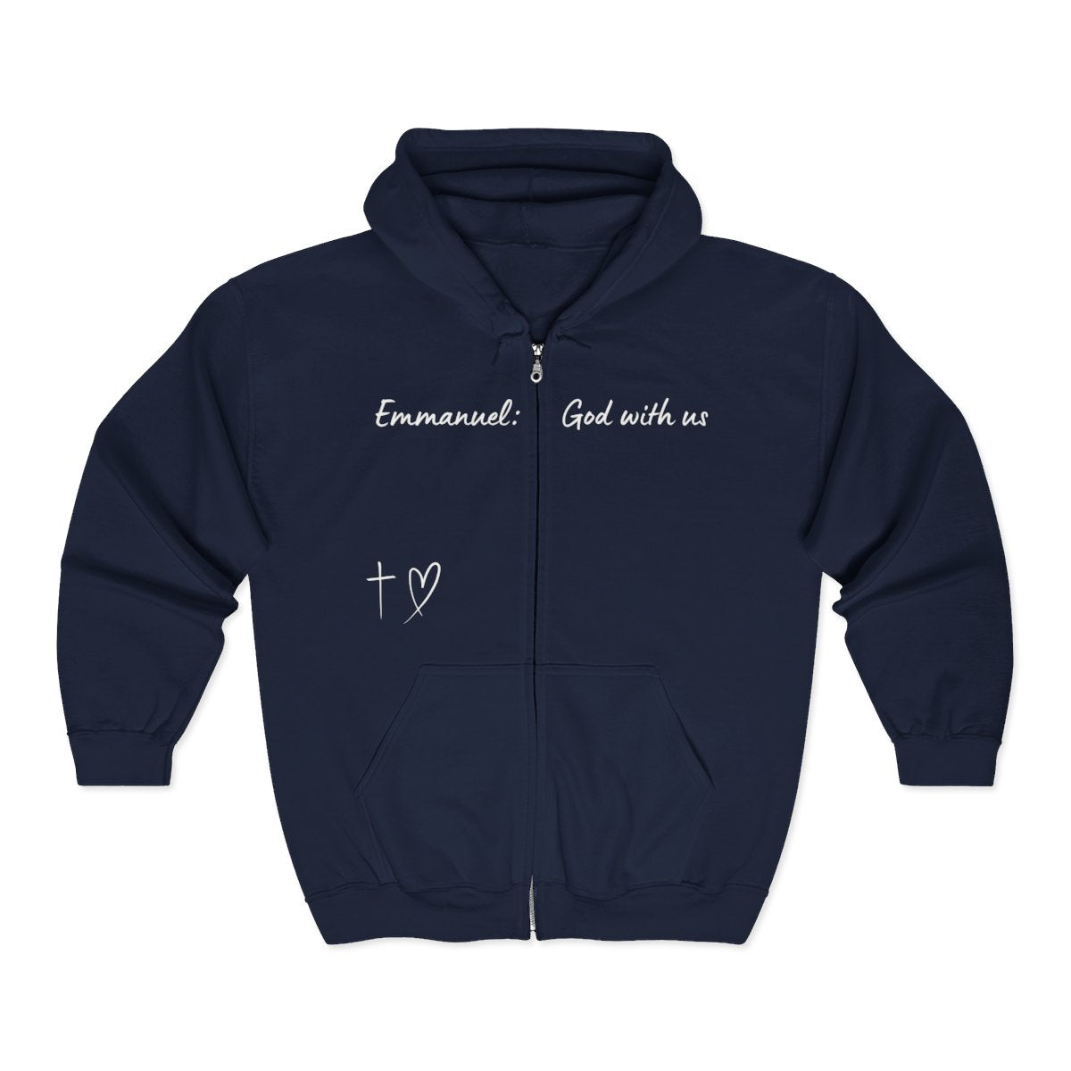 This Unisex Heavy Blend™ Full Zip Hooded Sweatshirt features the words Emmanuel God With Us on the upper chest and an image of a cross with a heart above the pocket.