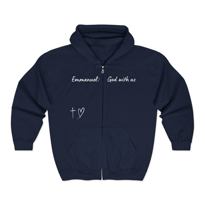 This Unisex Heavy Blend™ Full Zip Hooded Sweatshirt features the words Emmanuel God With Us on the upper chest and an image of a cross with a heart above the pocket.