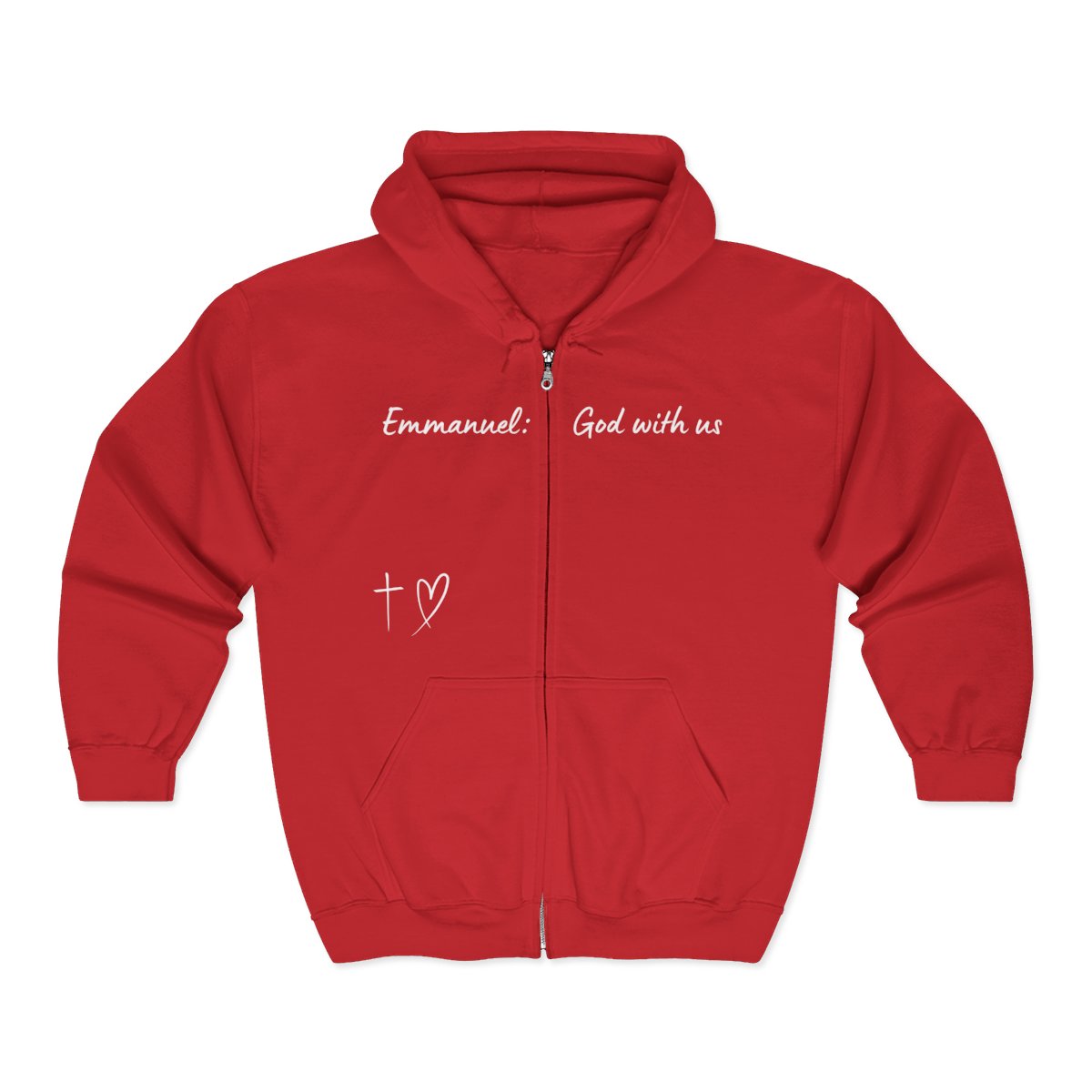 This Unisex Heavy Blend™ Full Zip Hooded Sweatshirt features the words Emmanuel God With Us on the upper chest and an image of a cross with a heart above the pocket.