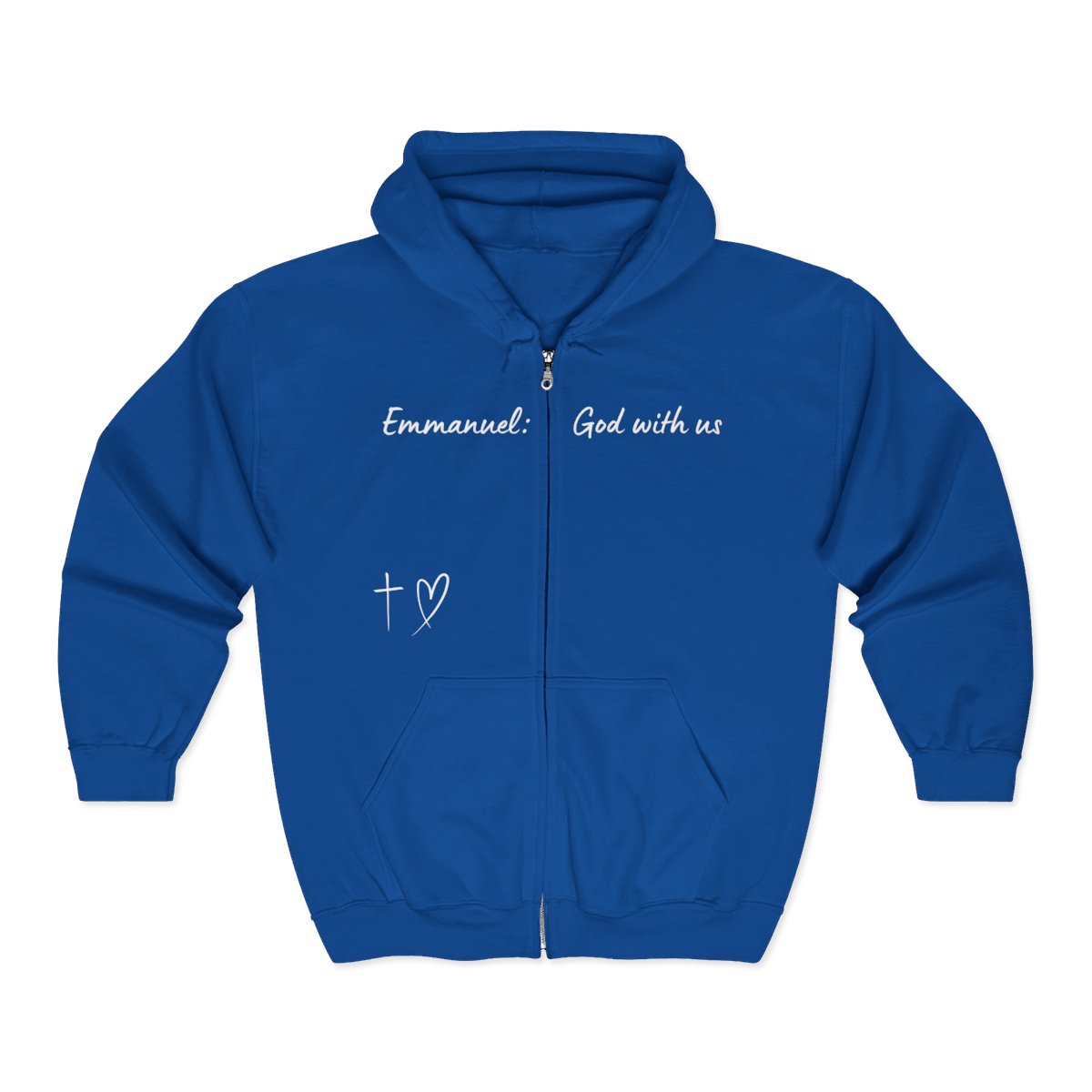 This Unisex Heavy Blend™ Full Zip Hooded Sweatshirt features the words Emmanuel God With Us on the upper chest and an image of a cross with a heart above the pocket.