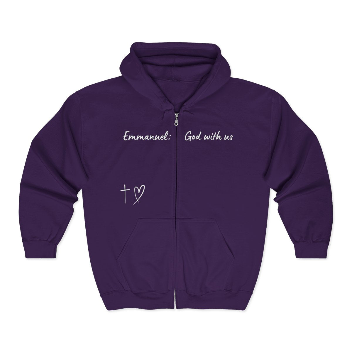 This Unisex Heavy Blend™ Full Zip Hooded Sweatshirt features the words Emmanuel God With Us on the upper chest and an image of a cross with a heart above the pocket.