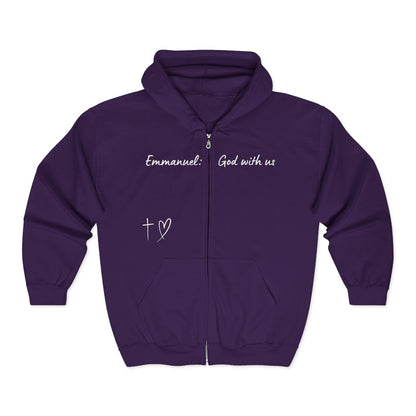 This Unisex Heavy Blend™ Full Zip Hooded Sweatshirt features the words Emmanuel God With Us on the upper chest and an image of a cross with a heart above the pocket.