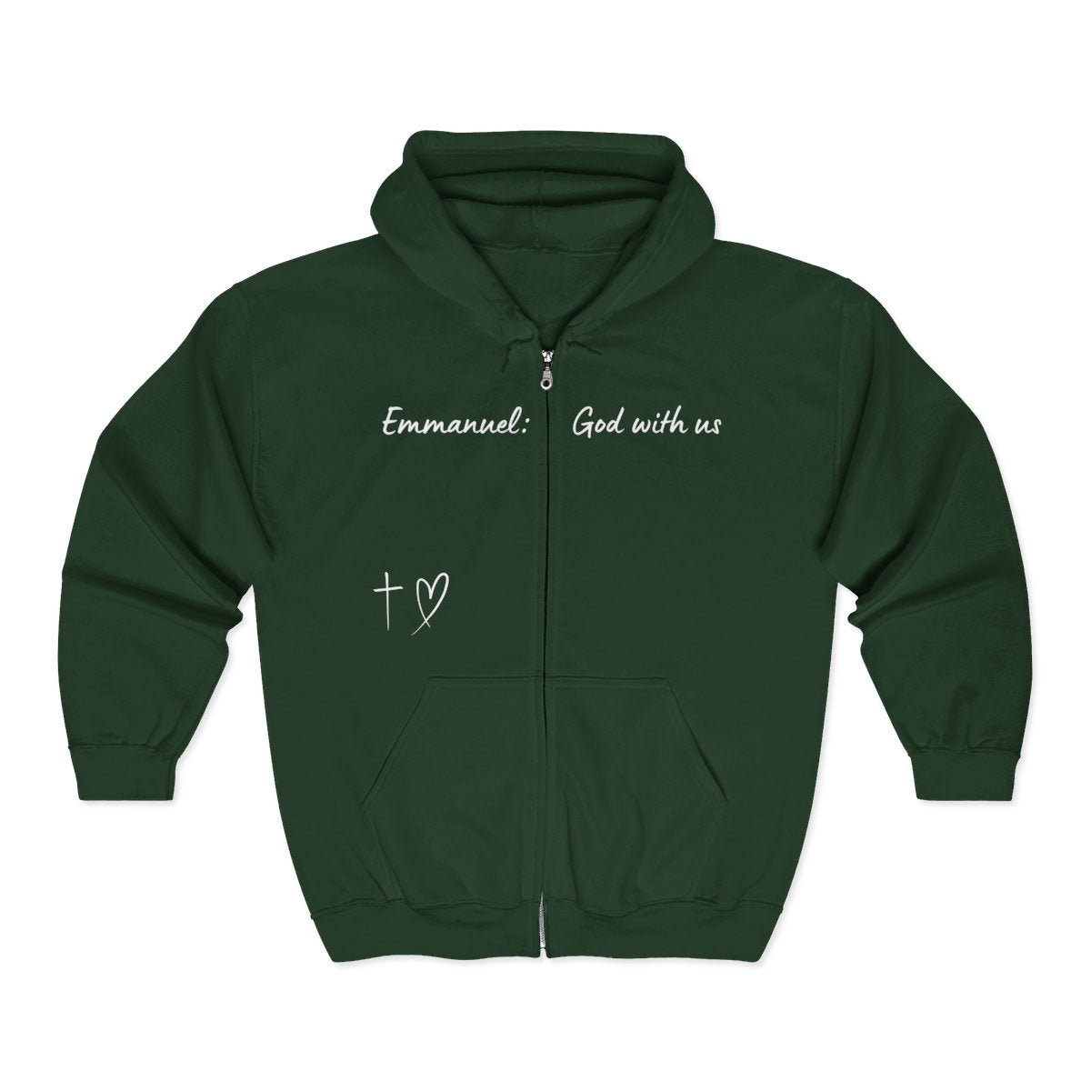 This Unisex Heavy Blend™ Full Zip Hooded Sweatshirt features the words Emmanuel God With Us on the upper chest and an image of a cross with a heart above the pocket.