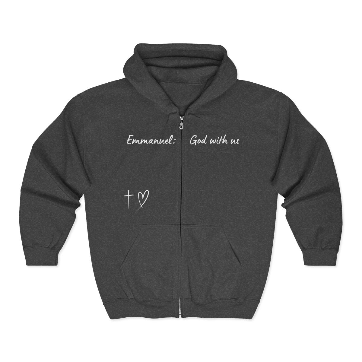 This Unisex Heavy Blend™ Full Zip Hooded Sweatshirt features the words Emmanuel God With Us on the upper chest and an image of a cross with a heart above the pocket.