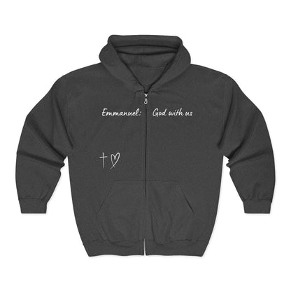This Unisex Heavy Blend™ Full Zip Hooded Sweatshirt features the words Emmanuel God With Us on the upper chest and an image of a cross with a heart above the pocket.