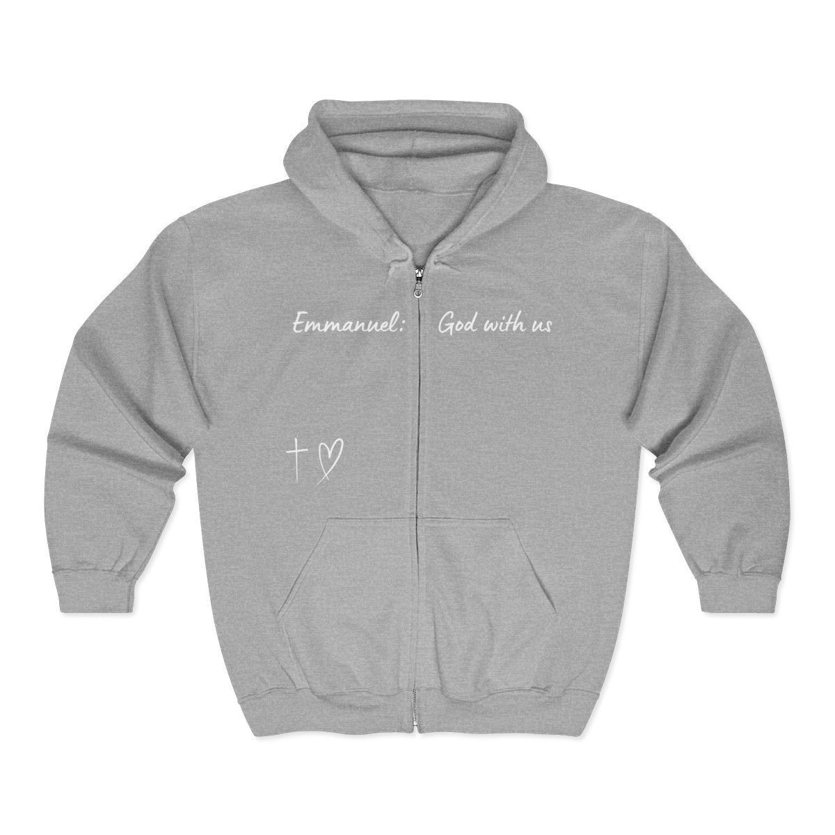 This Unisex Heavy Blend™ Full Zip Hooded Sweatshirt features the words Emmanuel God With Us on the upper chest and an image of a cross with a heart above the pocket.