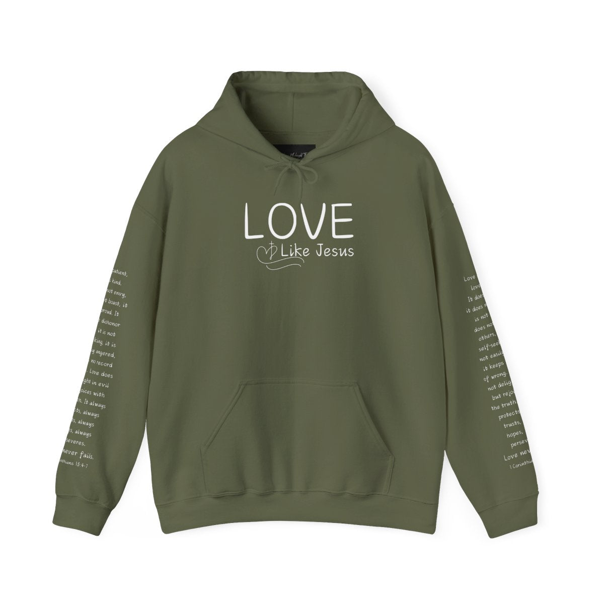A cozy and warm custom Christian hoodie featuring a powerful message of love and faith. The front displays the word LOVE Like Jesus, accompanied by a cross with a heart. Each sleeve showcases the scripture 1 Corinthians 13:4-7