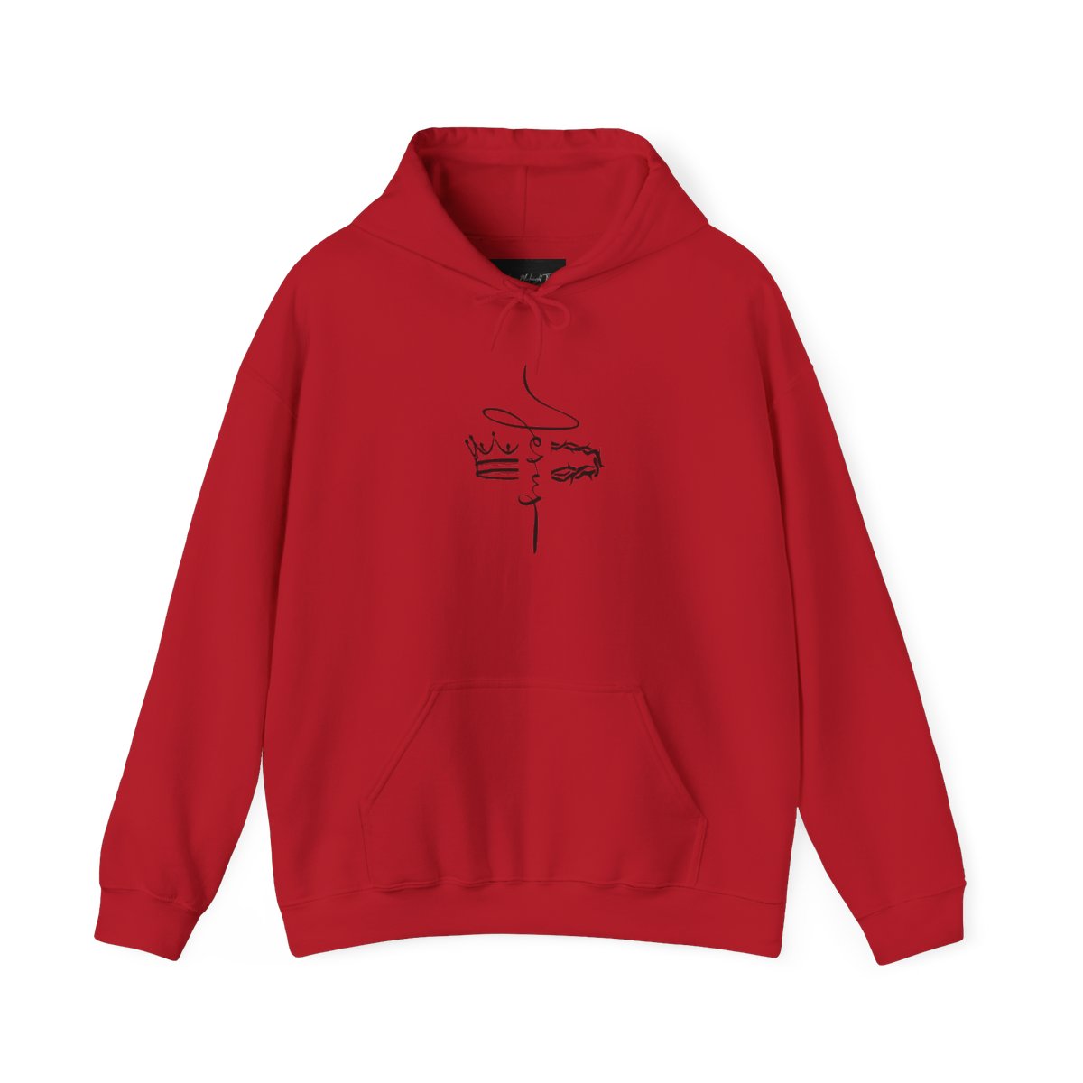 This custom unisex Christian hoodie features the name of Jesus in a cursive font down the center of the front of the sweater, there is an image of a crown on the right and a crown of thorns on the left of the name of Jesus.