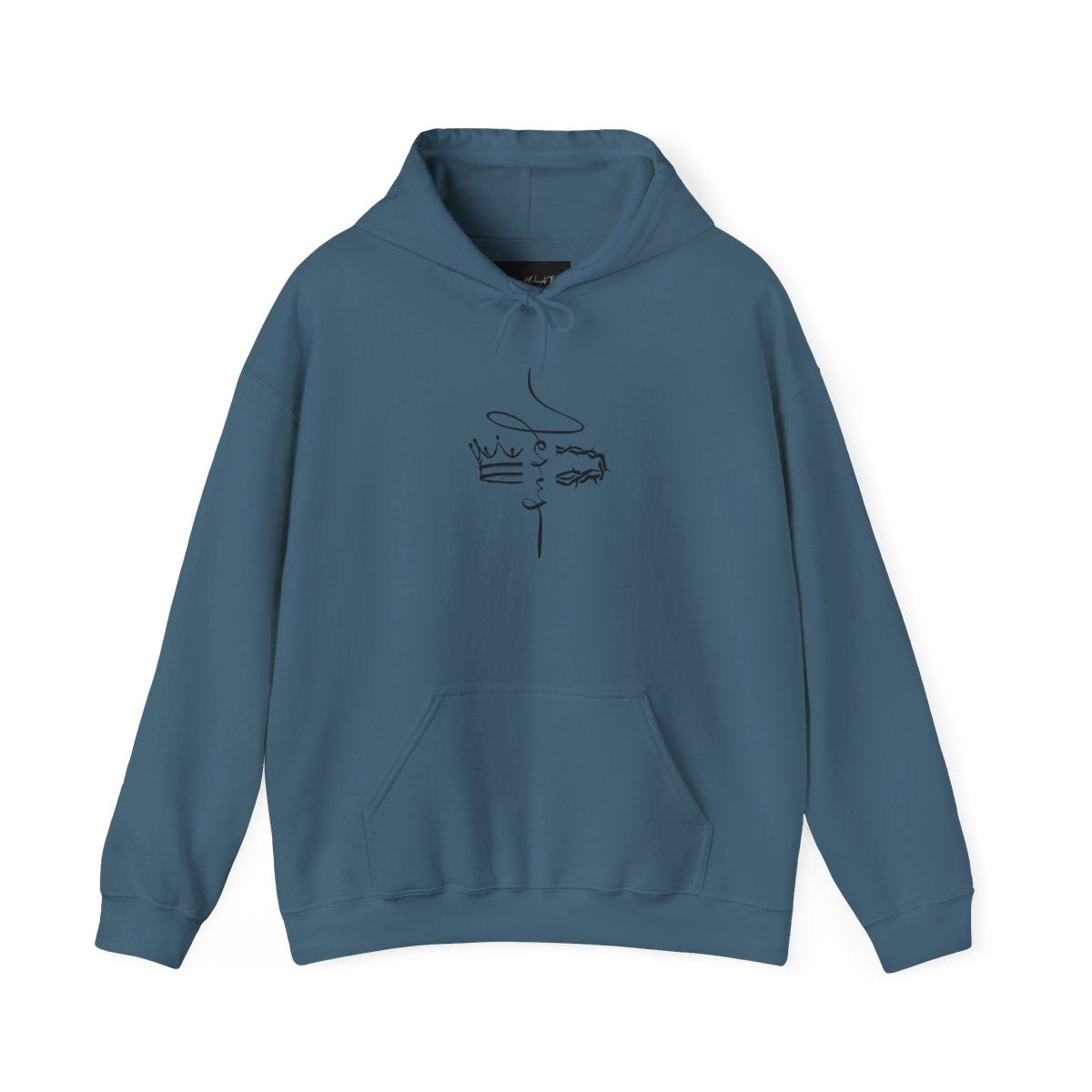 This custom unisex Christian hoodie features the name of Jesus in a cursive font down the center of the front of the sweater, there is an image of a crown on the right and a crown of thorns on the left of the name of Jesus.