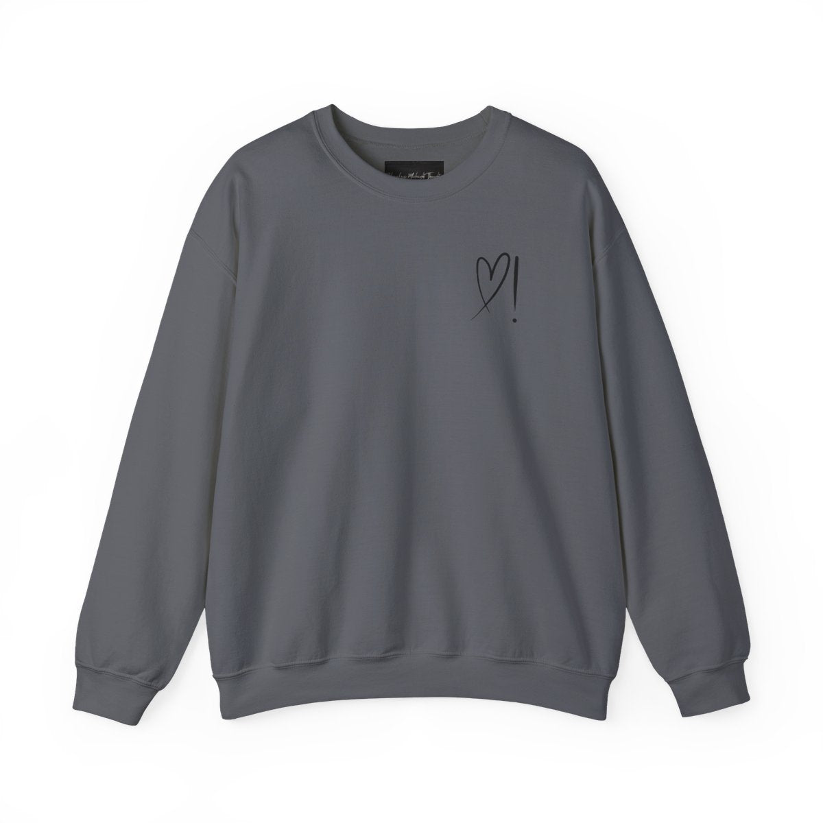 A handmade unisex oversized pullover sweatshirt with a crewneck, on the front left chest of the sweater in white is a heart with an exclamation point on the left hand side if the heart