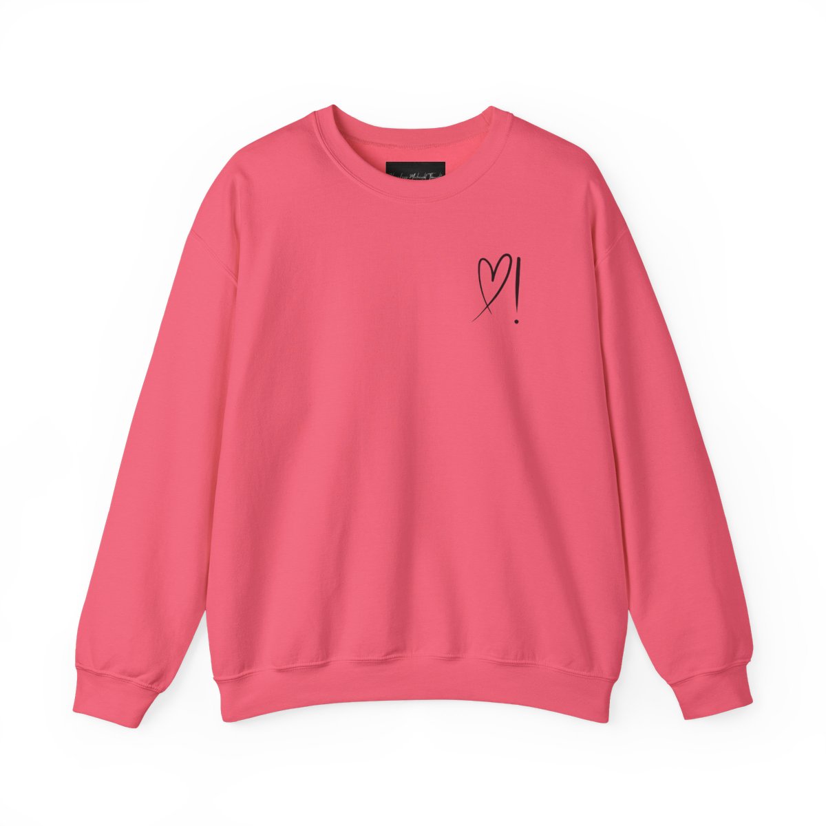 A handmade unisex oversized pullover sweatshirt with a crewneck, on the front left chest of the sweater in white is a heart with an exclamation point on the left hand side if the heart