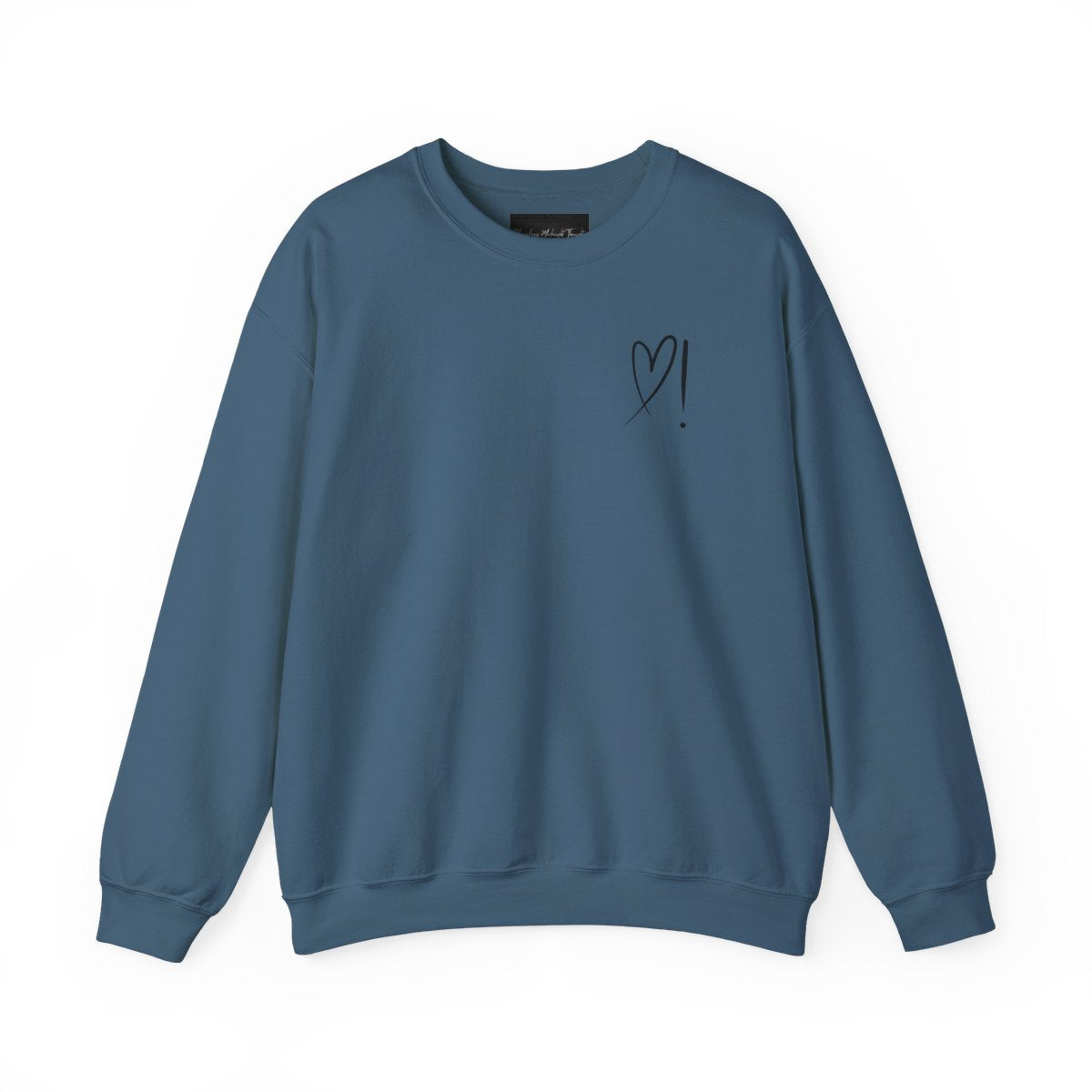 A handmade unisex oversized pullover sweatshirt with a crewneck, on the front left chest of the sweater in white is a heart with an exclamation point on the left hand side if the heart