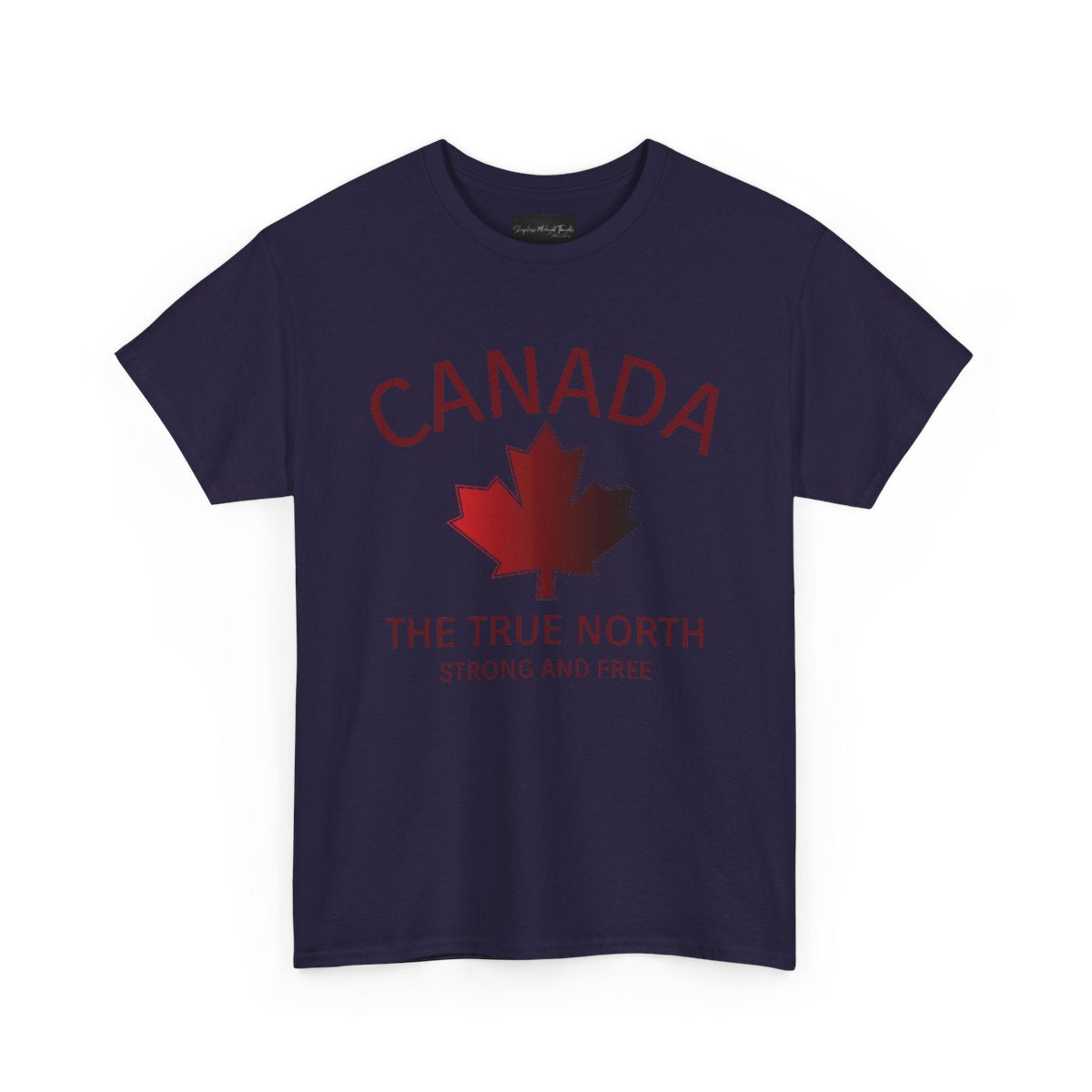 This custom Canadian made unisex custom t-shirt features the words Canada and The true North Strong And Free along with a maple leaf design in red, giving off a patriotic and Canadian vibe.