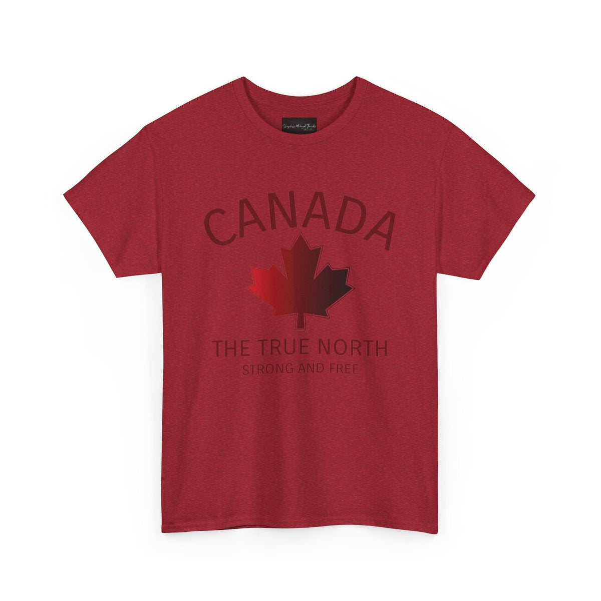 This custom Canadian made unisex custom t-shirt features the words Canada and The true North Strong And Free along with a maple leaf design in red, giving off a patriotic and Canadian vibe.