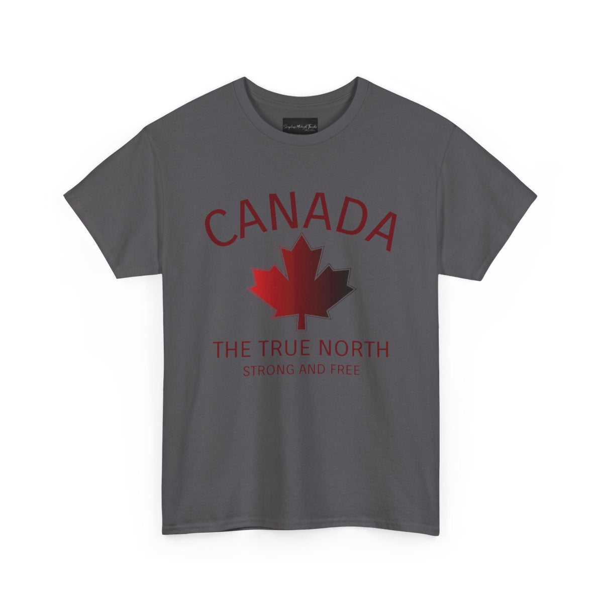 This custom Canadian made unisex custom t-shirt features the words Canada and The true North Strong And Free along with a maple leaf design in red, giving off a patriotic and Canadian vibe.