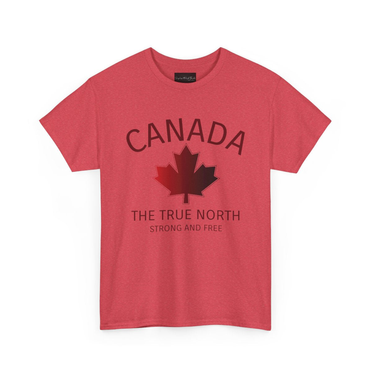 This custom Canadian made unisex custom t-shirt features the words Canada and The true North Strong And Free along with a maple leaf design in red, giving off a patriotic and Canadian vibe.