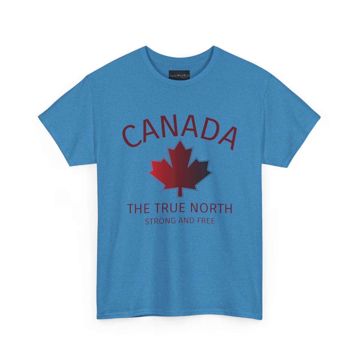This custom Canadian made unisex custom t-shirt features the words Canada and The true North Strong And Free along with a maple leaf design in red, giving off a patriotic and Canadian vibe.