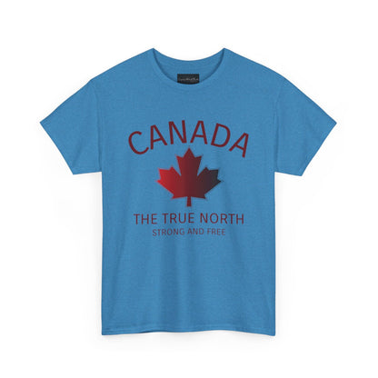 This custom Canadian made unisex custom t-shirt features the words Canada and The true North Strong And Free along with a maple leaf design in red, giving off a patriotic and Canadian vibe.
