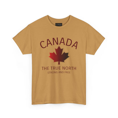 This custom Canadian made unisex custom t-shirt features the words Canada and The true North Strong And Free along with a maple leaf design in red, giving off a patriotic and Canadian vibe.