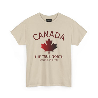 This custom Canadian made unisex custom t-shirt features the words Canada and The true North Strong And Free along with a maple leaf design in red, giving off a patriotic and Canadian vibe.