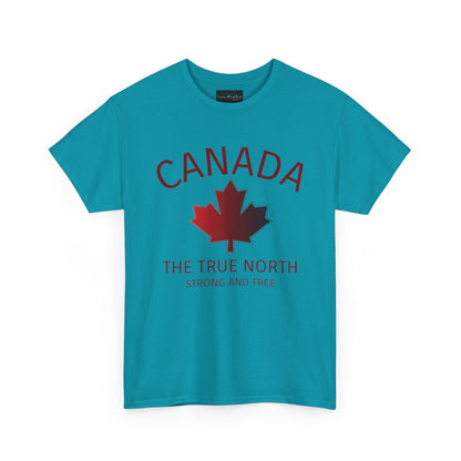 This custom Canadian made unisex custom t-shirt features the words Canada and The true North Strong And Free along with a maple leaf design in red, giving off a patriotic and Canadian vibe.