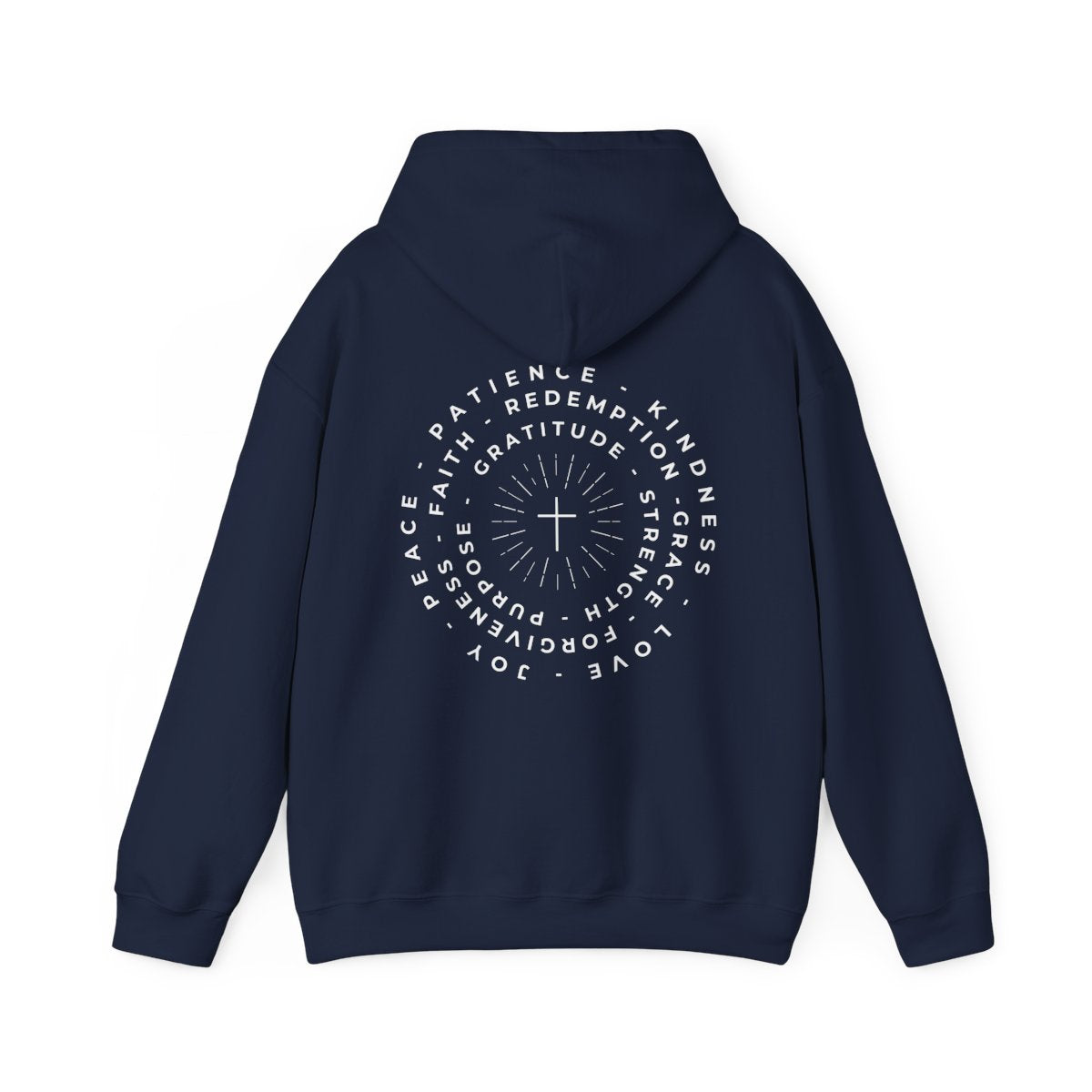 This custom Christian hoodie features a unique design on the back with a centered cross surrounded by circles of words such as Gratitude, Redemption, Patience, Joy, Love, Kindness, Peace, Faith, Forgiveness, Grace, Purpose and Strength.