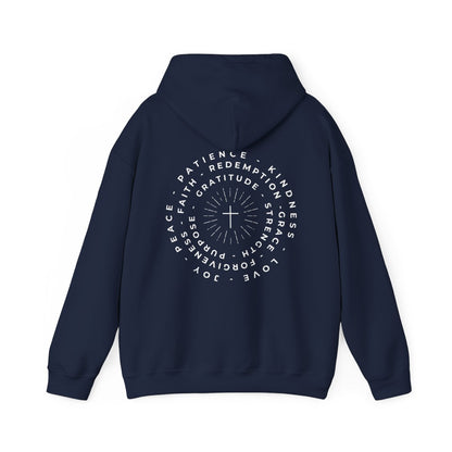 This custom Christian hoodie features a unique design on the back with a centered cross surrounded by circles of words such as Gratitude, Redemption, Patience, Joy, Love, Kindness, Peace, Faith, Forgiveness, Grace, Purpose and Strength.